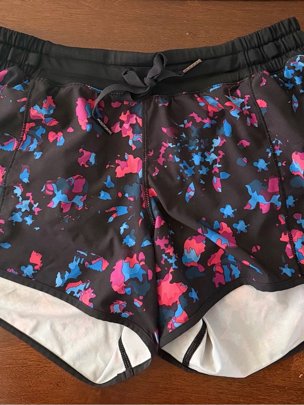 lululemon athletica Black Athletic Shorts with Pink & Blue Camo Print